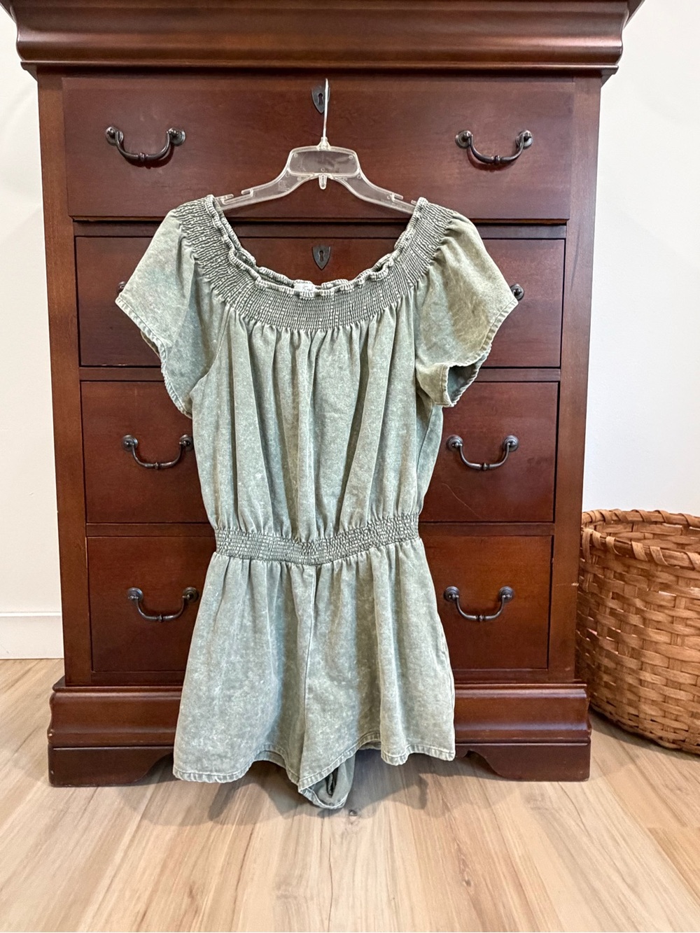 Smocked Off-Shoulder Romper with pockets in Sage Green